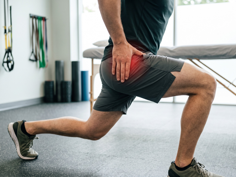 Man experiencing hip pain from femoroacetabular impingement during a gym lunge.