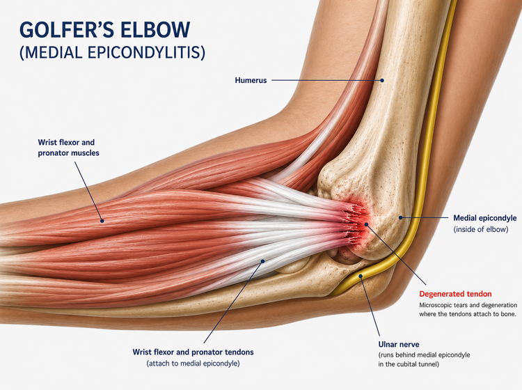 Anatomy of golfer's elbow showing the medial epicondyle and surrounding tendons.