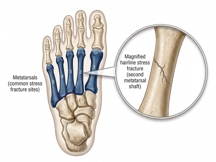 Diagram of foot bones showing a hairline stress fracture in a metatarsal.