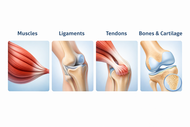 Illustrations of muscles, ligaments, tendons, and bones commonly affected by sports injuries.