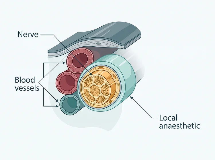 Diagram of local anaesthetic surrounding a nerve beside blood vessels.