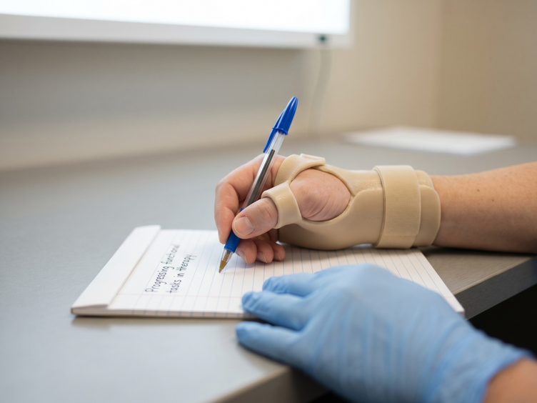 Patient writing in a wrist splint during occupational therapy hand rehabilitation.