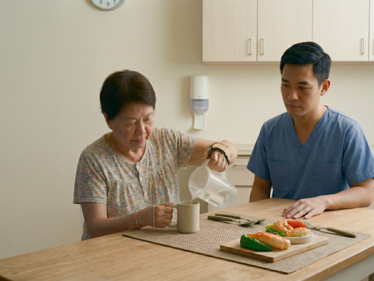 Occupational therapist supporting a stroke patient with daily living tasks.