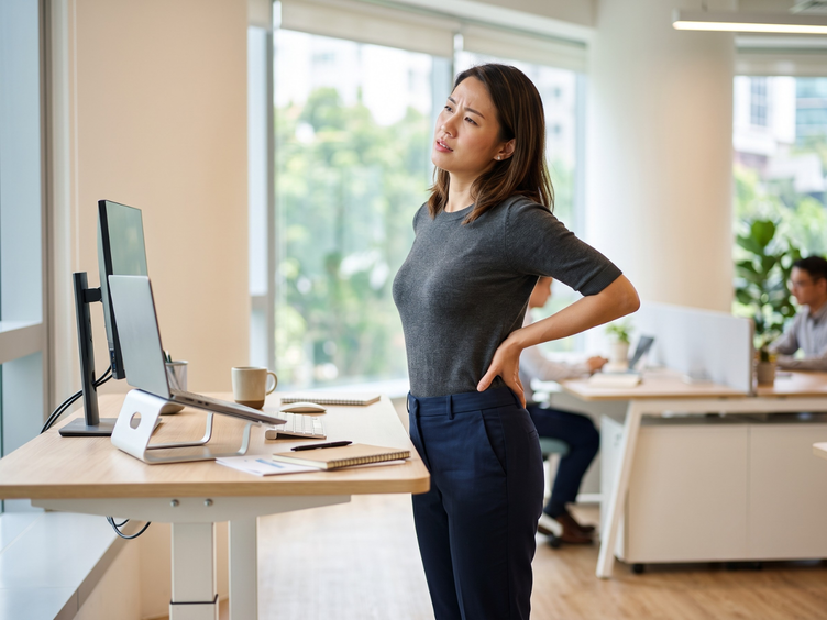 Office worker holding her lower back after long hours of sitting at a desk.