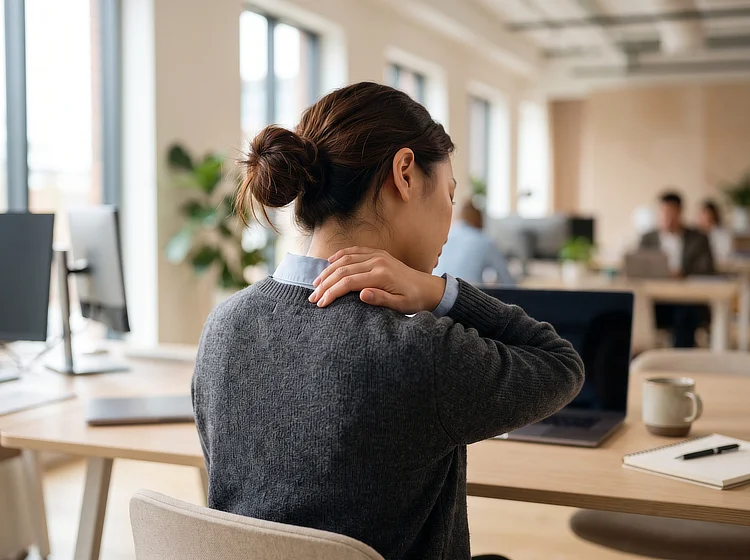 Woman at an office desk holding the back of her neck and shoulder.