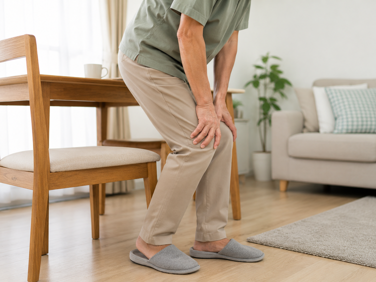 Older man holding his knee at home, easing up with pain and stiffness.