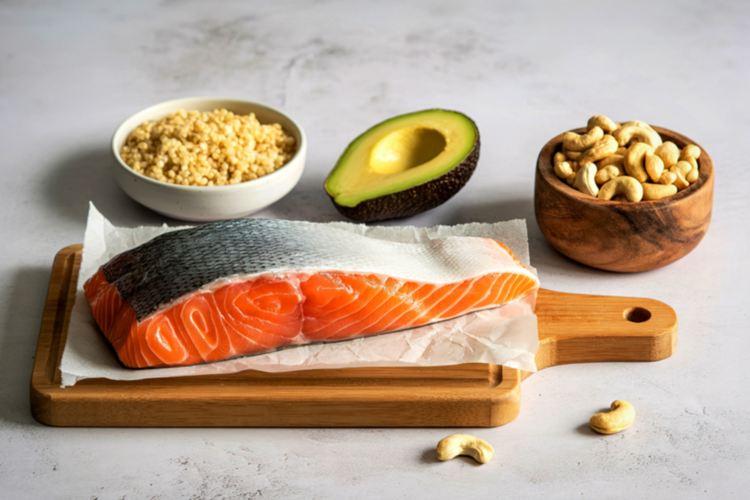 Omega-3 rich foods including salmon, avocado, and nuts to reduce inflammation in marathon recovery.