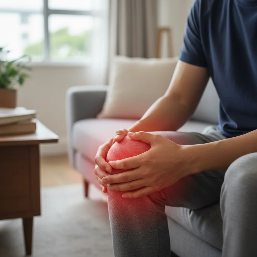 Person sitting and holding a painful knee due to joint inflammation or injury.