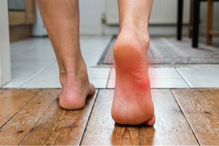 Person's underfoot highlighted in red to illustrate plantar fasciitis pain worsening after running.