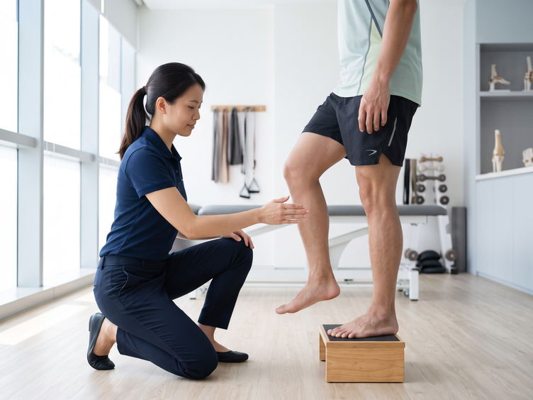 Physiotherapist assessing a man's foot and ankle as he steps onto a raised block.