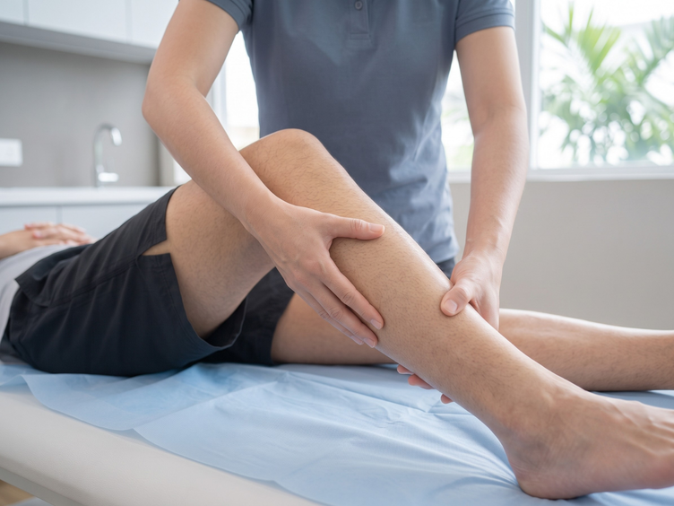 Physiotherapist examining a patient's lower leg for shin splints and bone stress.