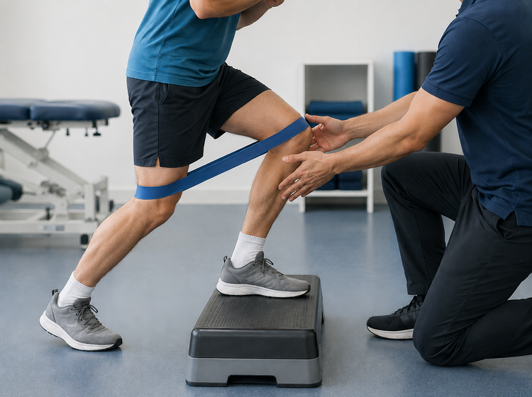 Sports doctor guiding a knee strengthening exercise for plica syndrome recovery.
