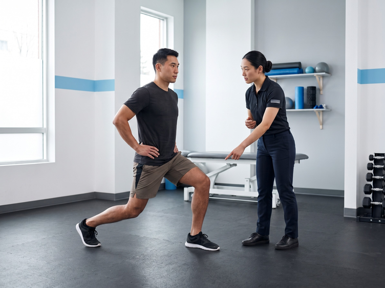 Physiotherapist guiding a patient through a lunge exercise for rehabilitation.