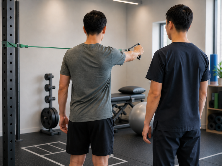 Physiotherapist supervising a patient's resistance band shoulder exercise.