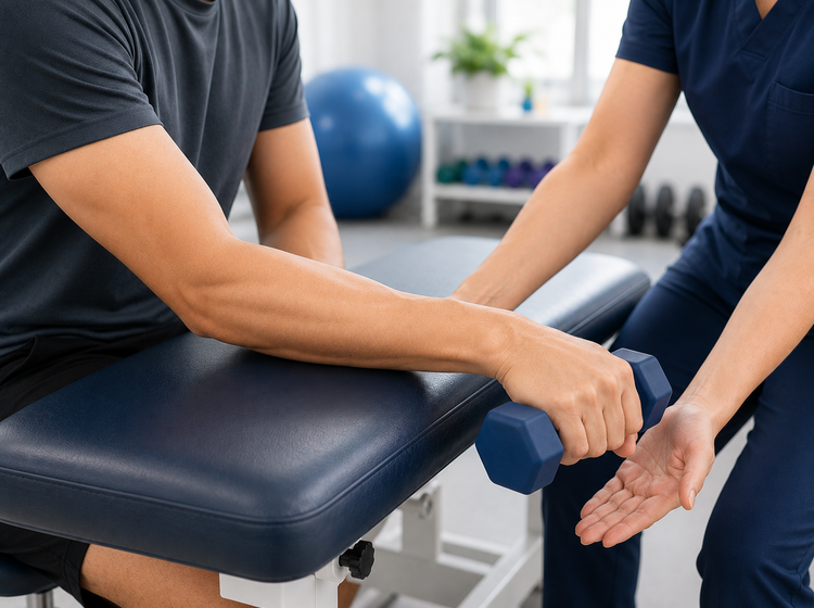 Physiotherapist guiding an eccentric wrist flexor exercise for golfer's elbow.