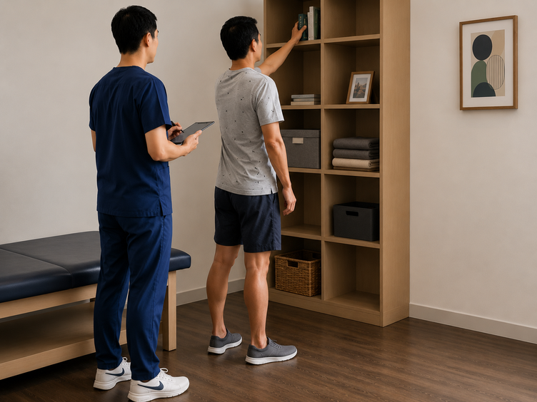 Physiotherapist assessing a patient reaching overhead during a shoulder session.