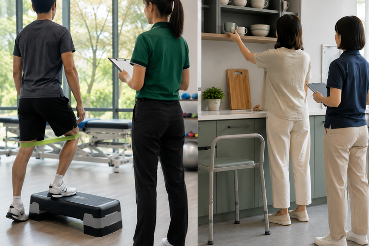 Side-by-side comparison of physiotherapy and occupational therapy sessions.