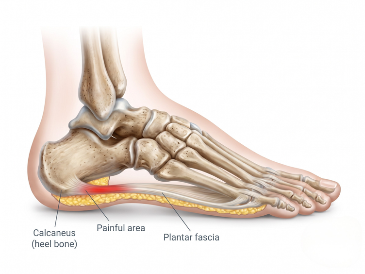 Plantar fasciitis diagram showing the plantar fascia and painful heel area.