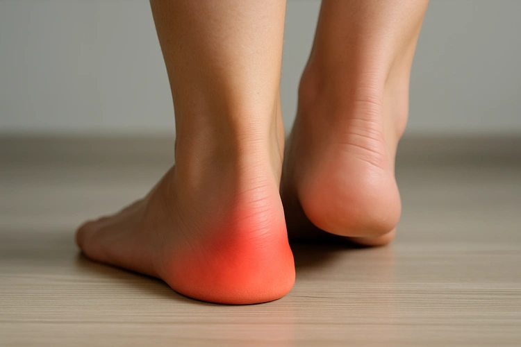 Close-up of person with painful heel with redness showing symptoms of plantar fasciitis or bursitis.