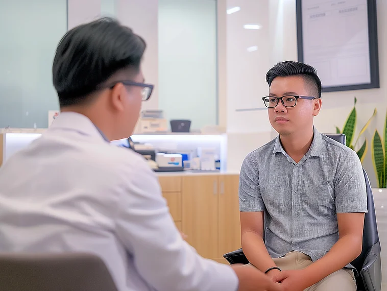 Young Singaporean man consulting orthopaedic specialist about PRP therapy for joint health.