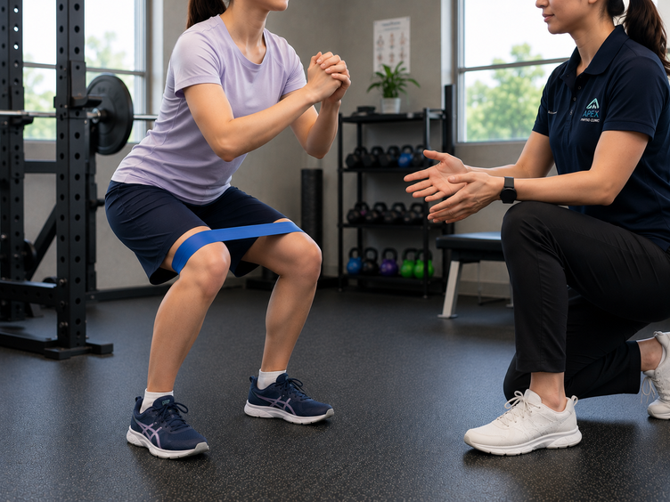 Physiotherapist guiding resistance-band exercise therapy for knee pain.