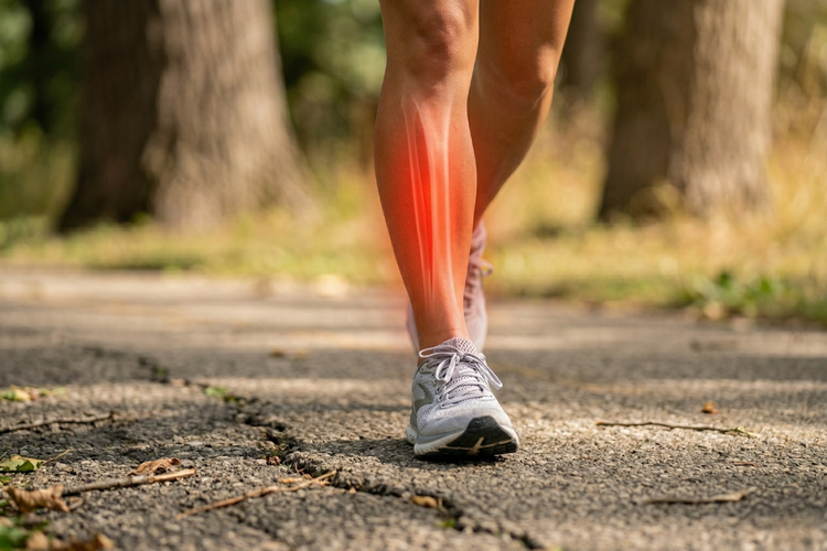 Close-up of a runner's lower leg with highlighted calf pain during exercise.