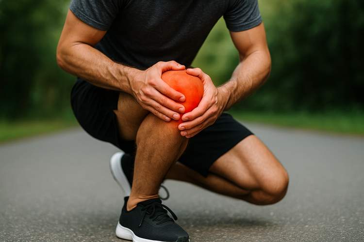 Runner crouching down holding painful knee after a marathon race.