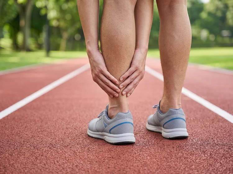 Runner on a track holding the back of the lower leg above the heel.
