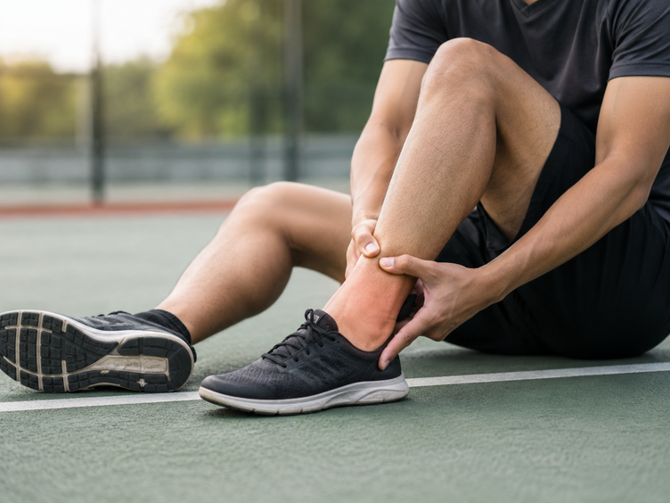 Man holding a painful ankle on an outdoor court after an acute running injury.