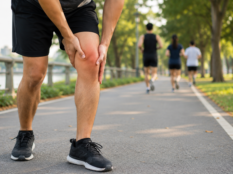 Runner gripping their inner knee in pain while jogging on a tree-lined path.