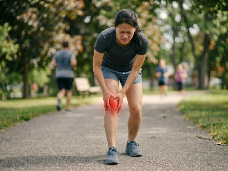 Runner gripping her knee with patellofemoral pain, or runner's knee.