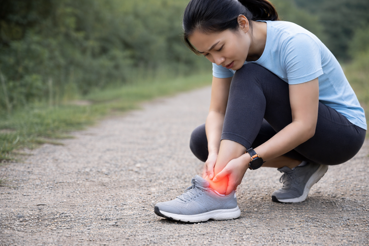 Runner crouching on a path holding her ankle in pain after a sprain injury.