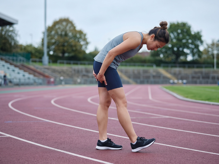 Runner holding her thigh on an athletics track after a hamstring strain.