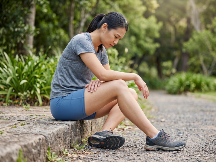 Runner resting on a kerb with muscle soreness in her legs after a hard session.