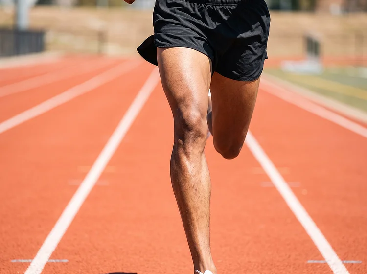 Close-up of a runner's legs mid-stride on a red running track.