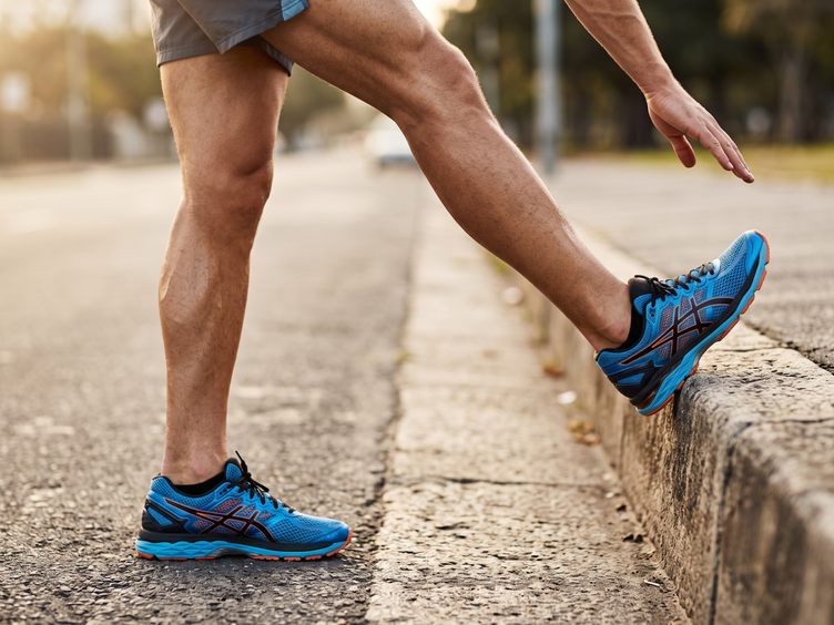 Runner stretching hamstring and calf with one heel raised on a roadside kerb.