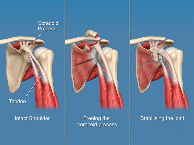 Illustrated dislocated shoulder beside one repaired with a Latarjet bone graft.