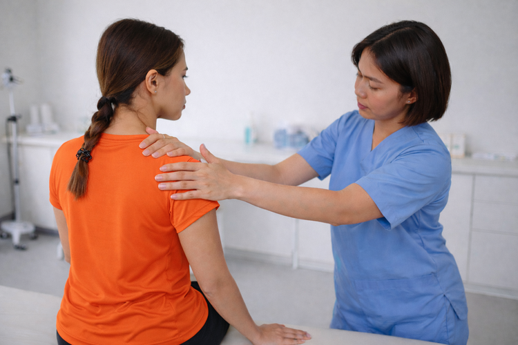 Specialist assessing shoulder range of motion during frozen shoulder exam.