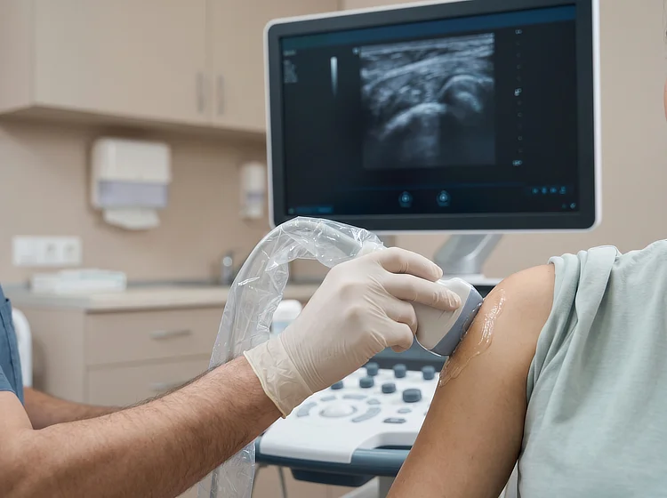 Doctor holding an ultrasound probe on a patient's shoulder beside a scan monitor.