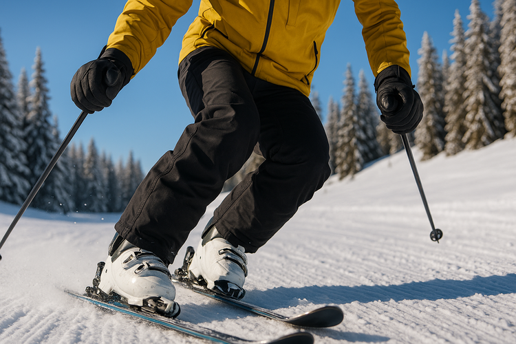 Skier bending knees on snowy slope illustrating how skiing forces can contribute to knee injuries.