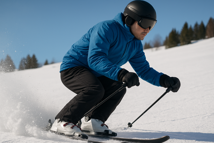 Skier maintaining a semi-squat position showing how skiing places repeated flexion load on the knees.