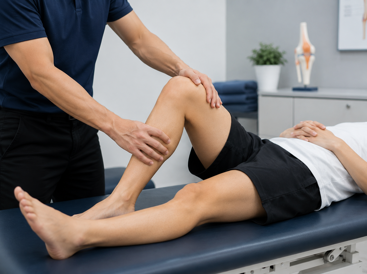 Sports doctor examining a patient's bent knee to diagnose inner knee pain.