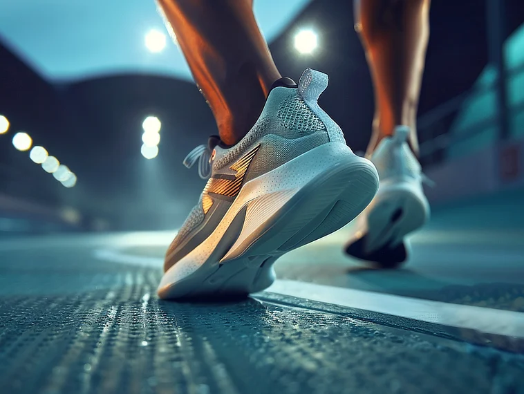 Close-up of running shoes on track showing grip for knee support and injury prevention.