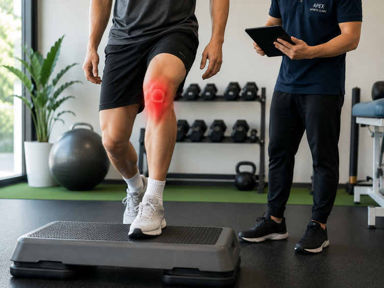 Physiotherapist supervising step-up to strengthen muscles for relieving knee pain.