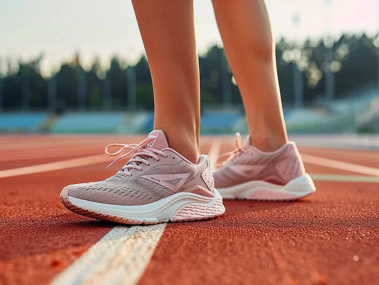 Sports shoes worn by female runner to support foot and prevent plantar fasciitis.