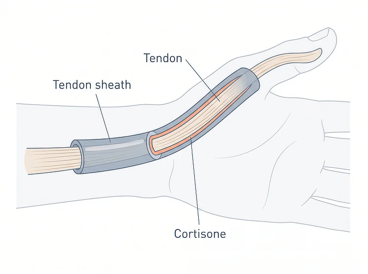 Diagram of cortisone surrounding a thumb tendon inside its tendon sheath.