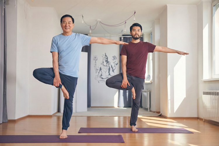 Two men practising single-leg balance poses to improve knee stability and control during movement.