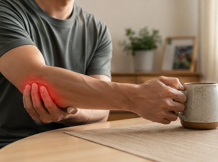 Man with tennis elbow pain struggling to grip a coffee cup at home.