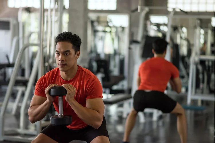 Man doing weighted squat to build knee strength and prevent osteoarthritis.