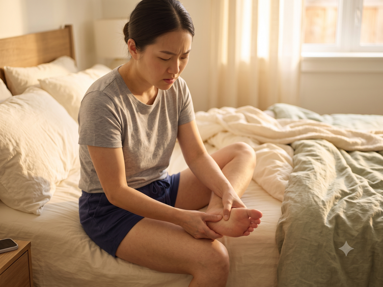 Woman pressing her heel on waking, a common sign of plantar fasciitis.